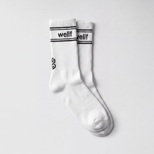 WELLF Club Socks, white crew socks with black stripes