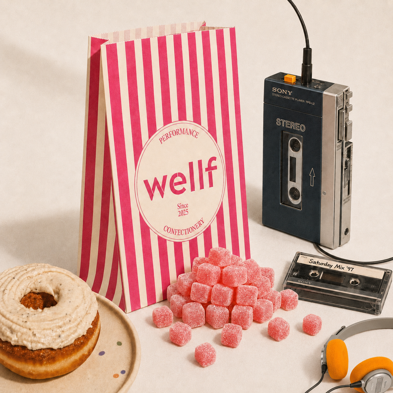 WELLF Watermelon Sours creatine sweets in a retro pick'n'mix scene with a striped bag, donut treat and a cassette player