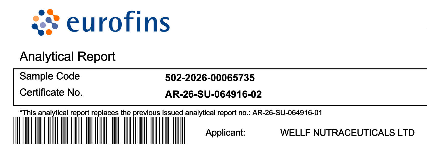 Eurofins analytical report header for WELLF Nutraceuticals creatine sample, certificate AR-26-SU-064916-02